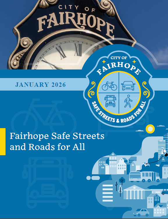 fairhope safe streets and roads for all report cover graphic with safety logo and city illustration bikes and cars and buses in blue.