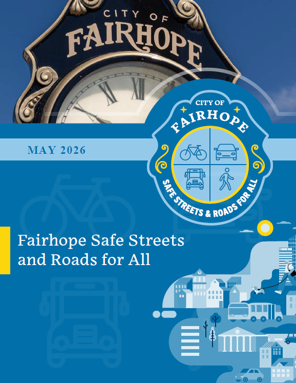 Report cover graphic showing the city of fairhope clocktower with an illustrated streetscape in blue